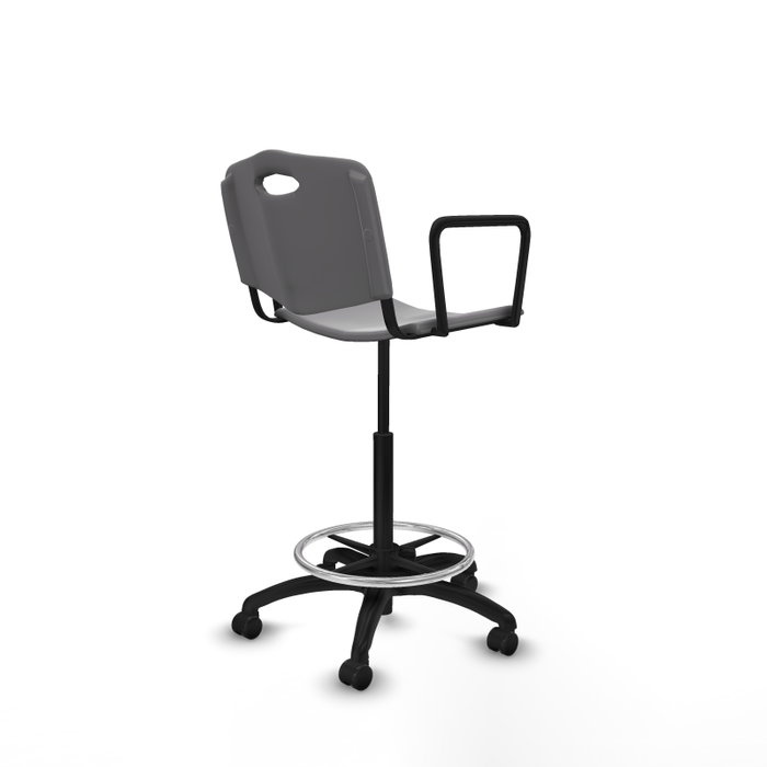 Taburete Robledo con mecanismo Giratorio de PVC color Gris claro. Equipado con Base poliamida negra, Brazos fijos y Ruedas autofrenantes