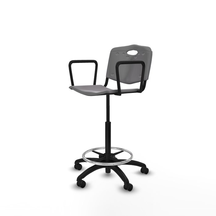 Taburete Robledo con mecanismo Giratorio de PVC color Gris claro. Equipado con Base poliamida negra, Brazos fijos y Ruedas autofrenantes