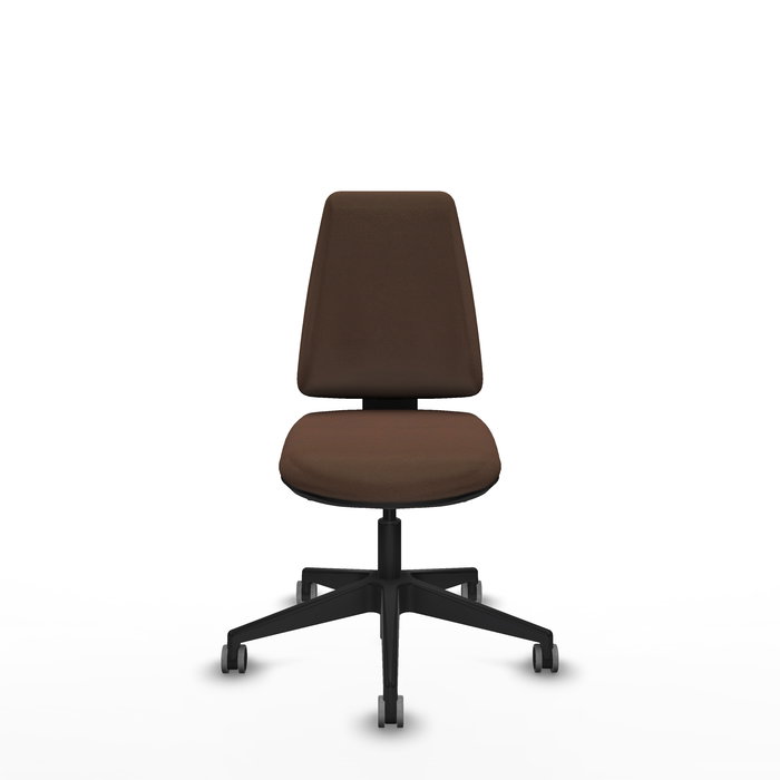 Silla de oficina Elche con mecanismo Asincro tapizada con Tela color Marrón oscuro. Equipada con Base piramidal negra, Sin brazos y Ruedas 65 mm parqué Silla de oficina Elche con mecanismo Asincro tapizada con Tela color Marrón oscuro. Equipada con Base piramidal negra, Sin brazos y Ruedas 65 mm parqué