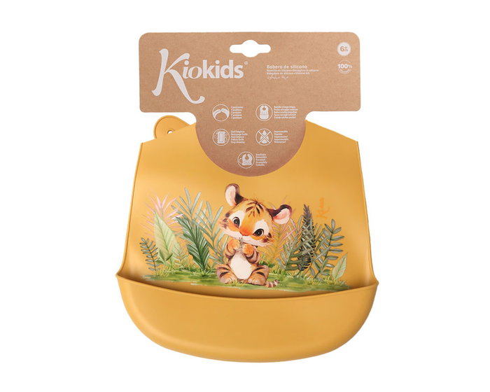 KioKids Babero Silicona Ajustable Mostaza Tigre +6 Meses