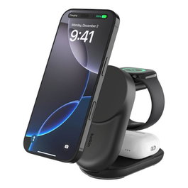 Belkin WIZ037KQ Base de Carga Inalámbrica Magnética Plegable UltraCharge Qi2 de 25W Negro, Triple Carga Simultánea para Smartphone, Reloj y Auriculares