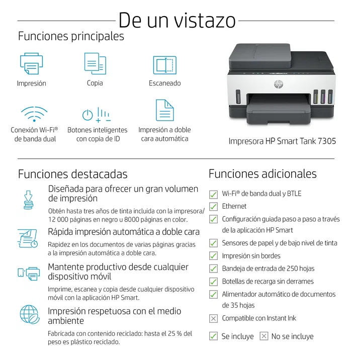 HP Smart Tank 7305 Multifunción A4 Inyección de Tinta Térmica, Impresora All-in-One con Wi-Fi, Doble Cara, Alimentador Automático de 35 hojas, 15 ppm Negro, 4800 x 1200 DPI, Gris