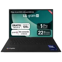 LG Portátil 16ZD90T-G AX88B 16" Intel Core Ultra 7-255H 32GB RAM 1TB SSD Sin Sistema Operativo