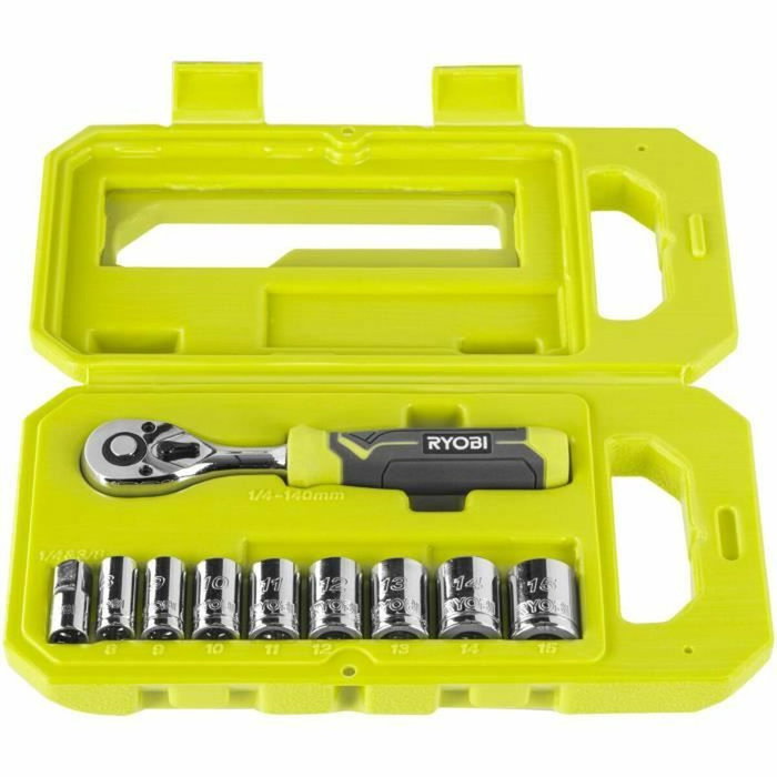 Ryobi Caja de 1 llave de 90 dientes, 8 vasos (8-15 mm) y adaptador 1/4'' a 3/8''