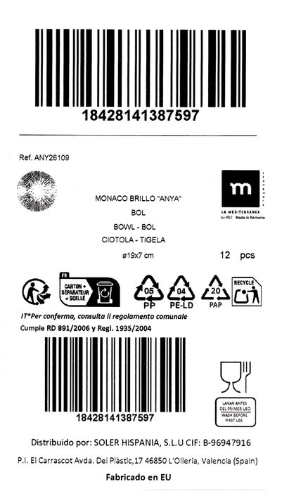 La Mediterranea Bol ANYA Monaco Brillo 19cm, Pack de 12 unidades