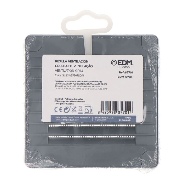 Edm Rejilla de ventilación cuadrada ABS gris 100x100x7mm con tapones y mosquitera