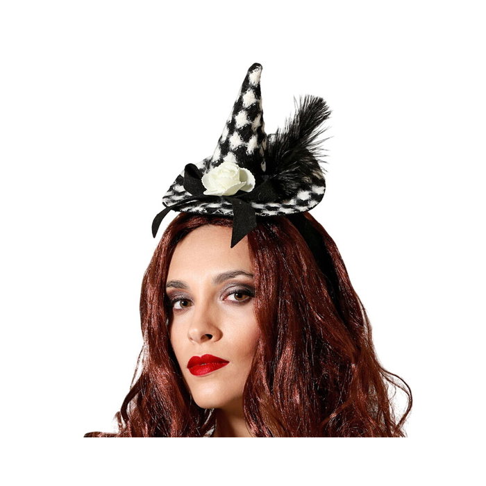 Atosa Sombrero Pequeño de Bruja a Cuadros Blanco y Negro con Flor Blanca
