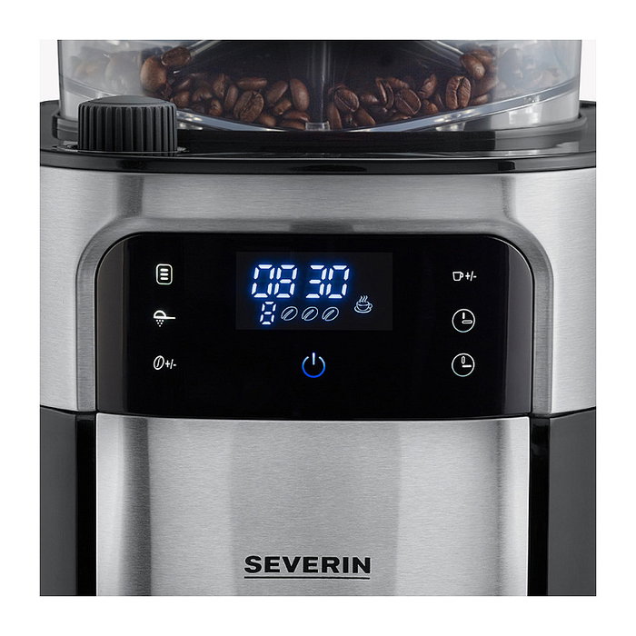 Severin KA 4814 Cafetera de Filtro con Molinillo Integrado para Granos, 8 Tazas (1L), 1000W, Ajustable, Función Mantener Caliente, Negro y Acero Inoxidable