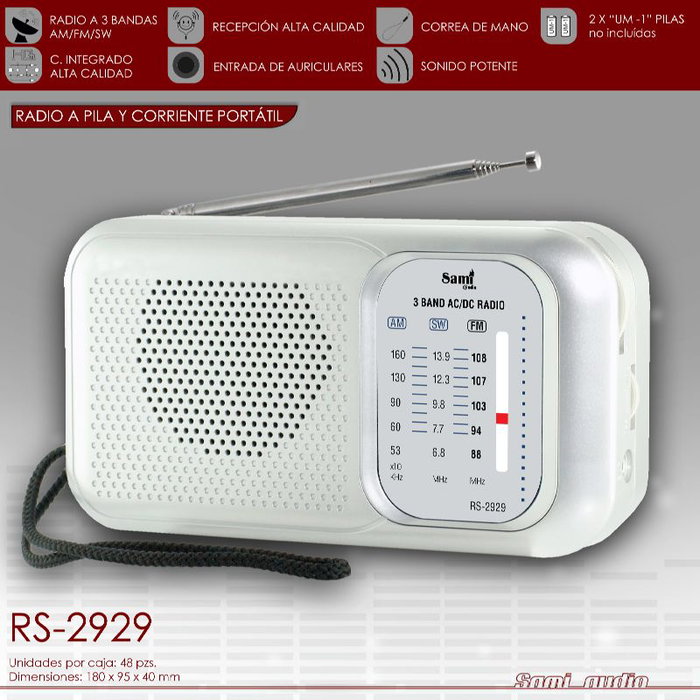 SAMI Radio Portátil AC/DC 3B con Correa, Funciona con Pilas y Corriente