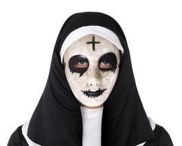 Máscara Monja Poseída Negra y Blanca para Halloween. Accesorio de disfraz de terror satánico.