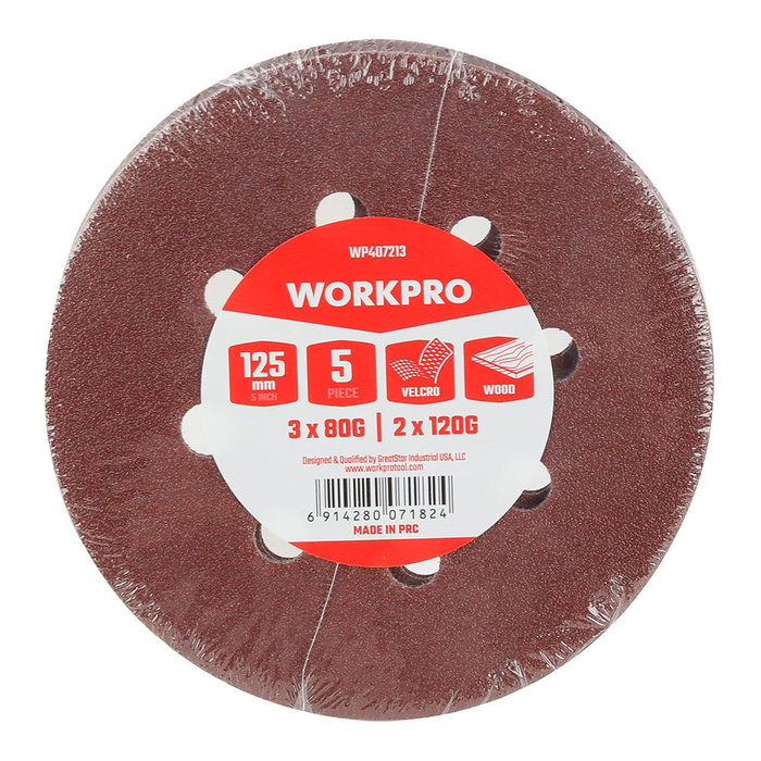 Workpro Juego de 5 Discos de Lija Adhesivos con Velcro Ø125 mm, para Madera y Pintura, Grano 80 y 120, Óxido de Aluminio con 8 Agujeros