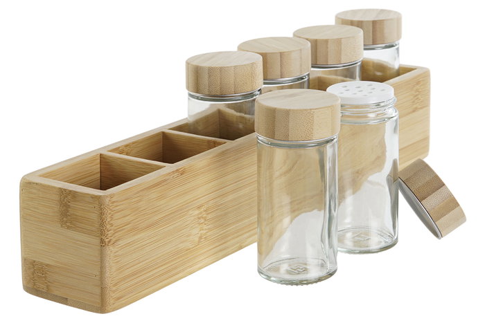 DKD Home Decor Set de Especieros de 7 Piezas de Bambú y Cristal Natural DKD Home Decor Set de Especieros de 7 Piezas de Bambú y Cristal Natural
