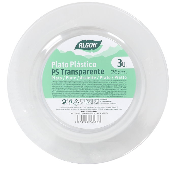 Algon Set de 3 Platos Transparentes de Plástico (PS) de 26 cm (24 Unidades)