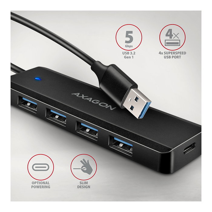 Axagon HUE-C1A Hub de viaje USB-A Superspeed con 4x USB 3.0, 20cm, negro