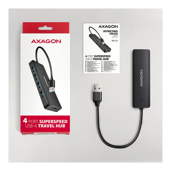 Axagon HUE-C1A Hub de viaje USB-A Superspeed con 4x USB 3.0, 20cm, negro