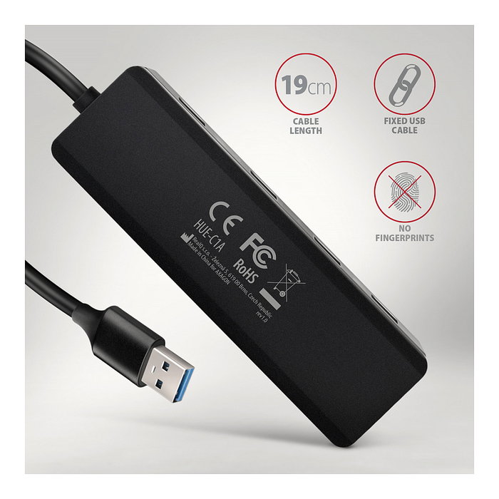 Axagon HUE-C1A Hub de viaje USB-A Superspeed con 4x USB 3.0, 20cm, negro