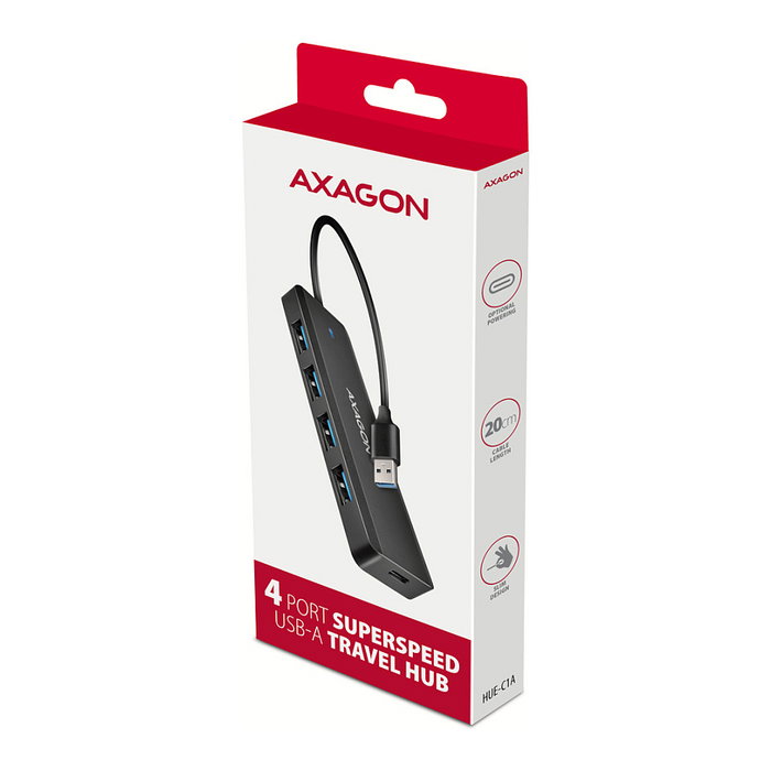 Axagon HUE-C1A Hub de viaje USB-A Superspeed con 4x USB 3.0, 20cm, negro