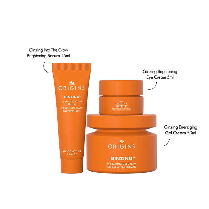 Origins Ginzing Energizing Gel Crema - Hidratante con Cafeína + Niacinamida, Set 3 Piezas: Gel Crema 50ml, Sérum 15ml, Crema Contorno de Ojos 5ml, Vegano