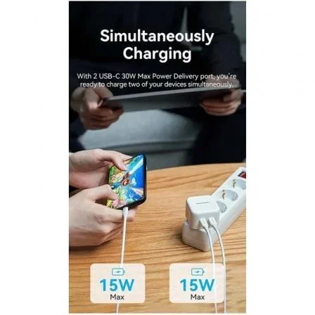 Vention FBPW0-EU Cargador de Pared GaN de 35W con Carga Rápida y 2 Puertos USB-C Blanco, Enchufe EU para Teléfonos y Portátiles