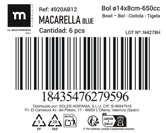 La Mediterranea Bol Macarella Blue 650ml ø14x8cm