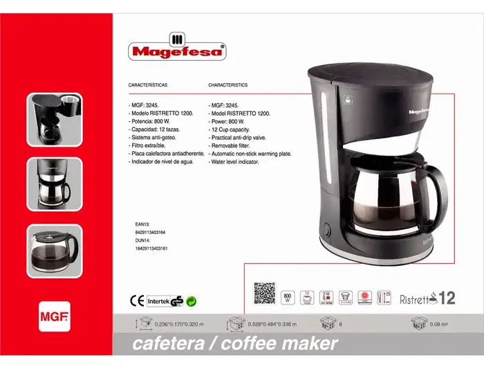 Magefesa Cafetera Ristretto MGF3245 12 Tazas 800W con Filtro Extraible y Placa Calefactora Antiadherente