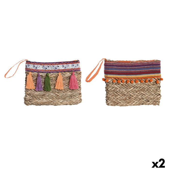 DKD Home Decor Set de 2 Bolsos de Mimbre y Poliéster con Flecos Multicolor