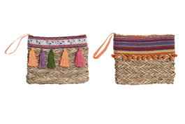 DKD Home Decor Set de 2 Bolsos de Mimbre y Poliéster con Flecos Multicolor