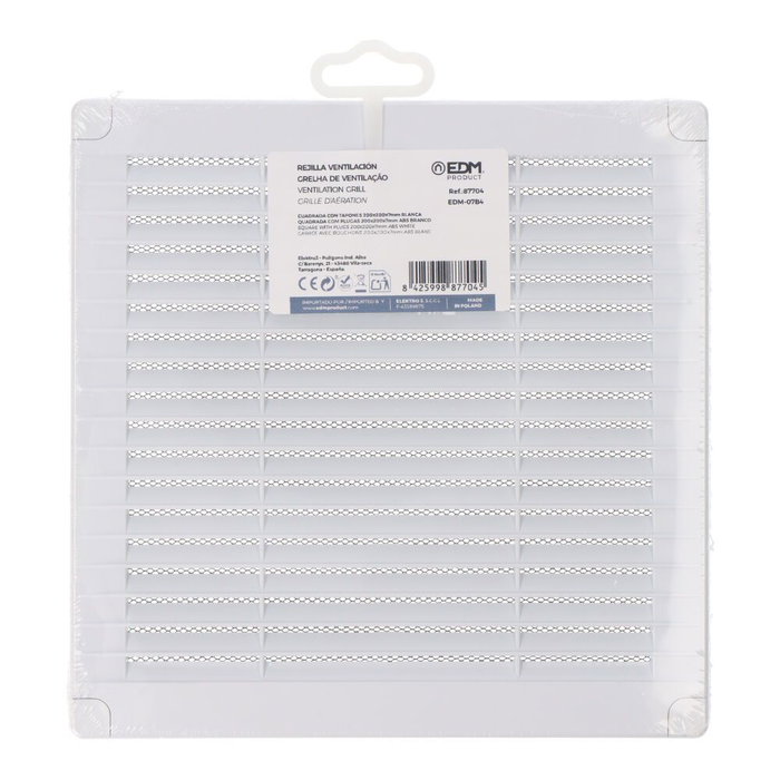 Edm Rejilla ventilación cuadrada con tapones y mosquitera 200x200x7mm ABS blanca