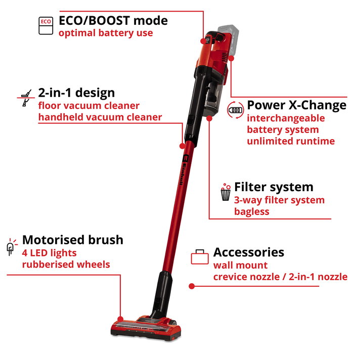 Einhell TE-SV 18 Li-Solo Aspiradora escoba 2 en 1 sin bolsa con batería, cepillo LED, para suelos duros y escalones Einhell TE-SV 18 Li-Solo Aspiradora escoba 2 en 1 sin bolsa con batería, cepillo LED, para suelos duros y escalones