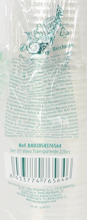 Algon Pack de 25 Vasos Transparentes de Plástico, 220 cc (7.9 cm de ancho, 19.1 cm de alto, 8.1 cm de largo) (24 Unidades)