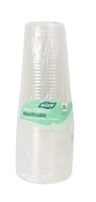 Algon Pack de 25 Vasos Transparentes de Plástico, 220 cc (7.9 cm de ancho, 19.1 cm de alto, 8.1 cm de largo) (24 Unidades)