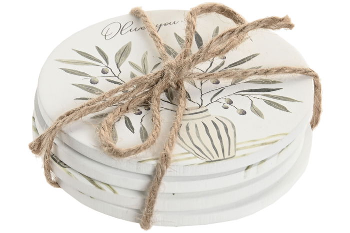 DKD Home Decor Posavasos Olivo 25 Blanco Verde Mdf Set de 4 10 x 10 x 0.5 cm Shabby Mediterraneo