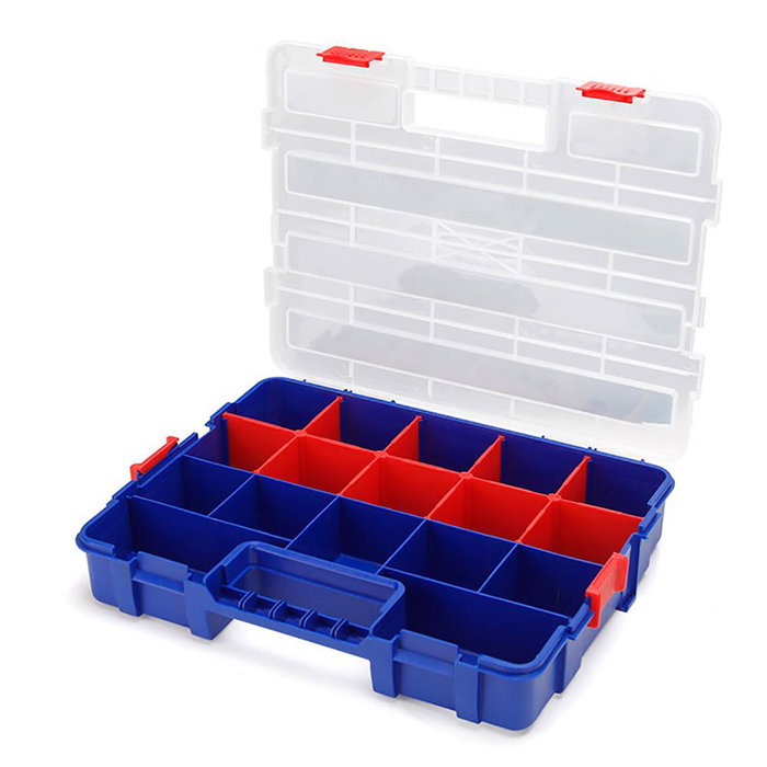 Workpro Organizador de Compartimentos Apilable con Tapa 18 Divisiones Transparente 382x300x68 mm Azul y Rojo Workpro Organizador de Compartimentos Apilable con Tapa 18 Divisiones Transparente 382x300x68 mm Azul y Rojo
