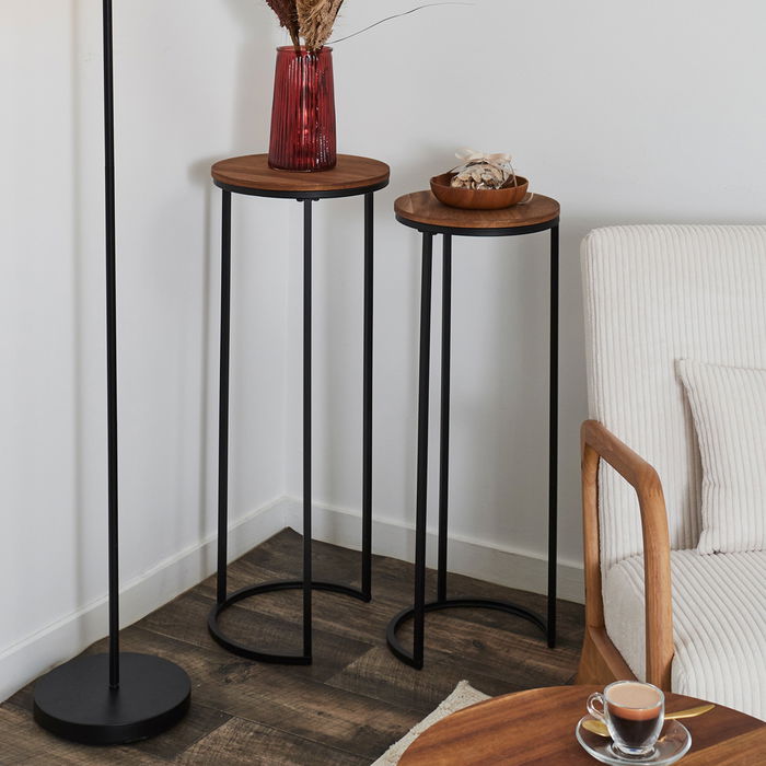 Home Deco Factory Juego 2 Mesas Pedestal Nido Cocooning Hierro MDF Grande: 32.5x80 cm Pequeña: 30x75 cm