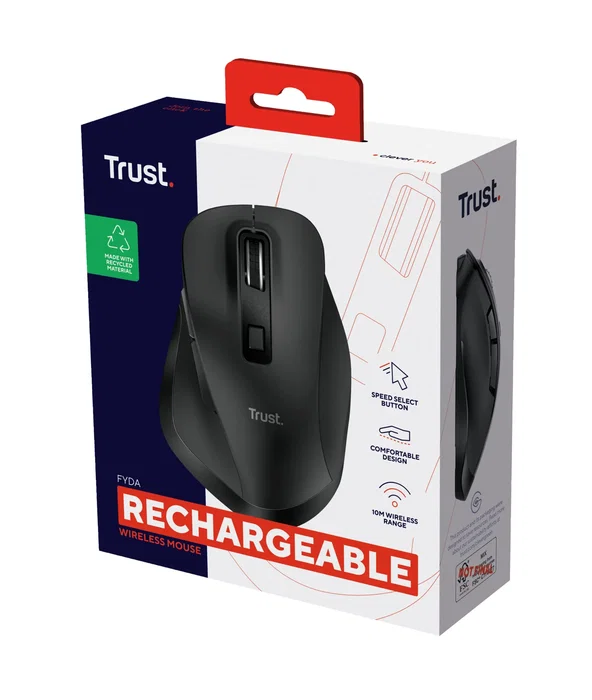 Trust Fyda - Ratón ergonómico inalámbrico recargable para oficina y casa, 6 botones, ajuste DPI 600-5000, sensor óptico 2400 DPI, negro, mano derecha