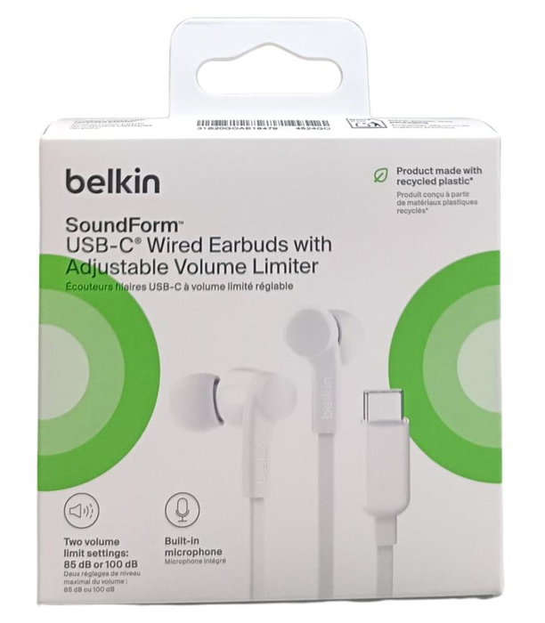 Belkin Auriculares In-Ear USB-C G3H0002Hqwhv2 con Micrófono, Sonido Signature Sound, IPX5, Ajuste Ergonómico, Almohadillas XXS-L, Control de Volumen, Color Blanco