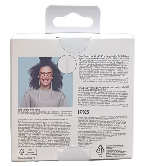 Belkin Auriculares In-Ear USB-C G3H0002Hqwhv2 con Micrófono, Sonido Signature Sound, IPX5, Ajuste Ergonómico, Almohadillas XXS-L, Control de Volumen, Color Blanco
