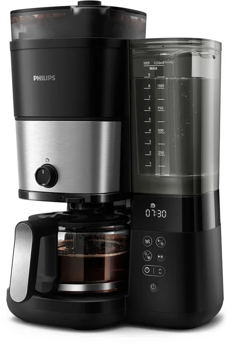 Philips HD7888/01 Cafetera de filtro con molinillo integrado, hasta 10 tazas, 1,25 L, Negra / Plata