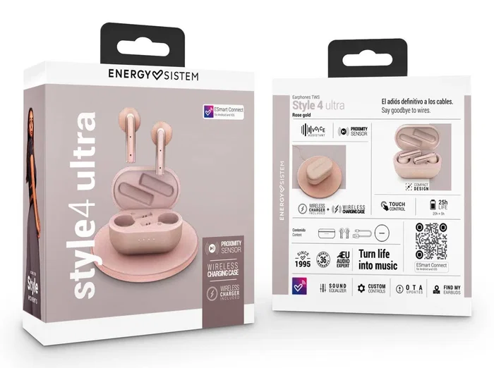 Energy Sistem Auriculares True Wireless TWS Style 4 Ultra con Carga Inalámbrica Qi, Estuche y Base, Autonomía 25h, Control Táctil, Rosa Oro - 453481