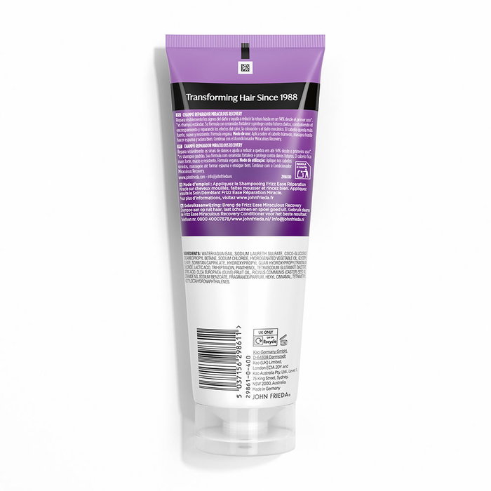 John Frieda Frizz Ease Miraculous Recovery - Champú Fortalecedor Anti-Frizz con Ceramidas para Cabello Dañado - 250 ml