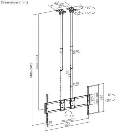 Aisens Soporte de Techo TV CT120TLE-395 Giratorio Inclinable Nivelable para Pantallas de 60-120" hasta 120kg Negro