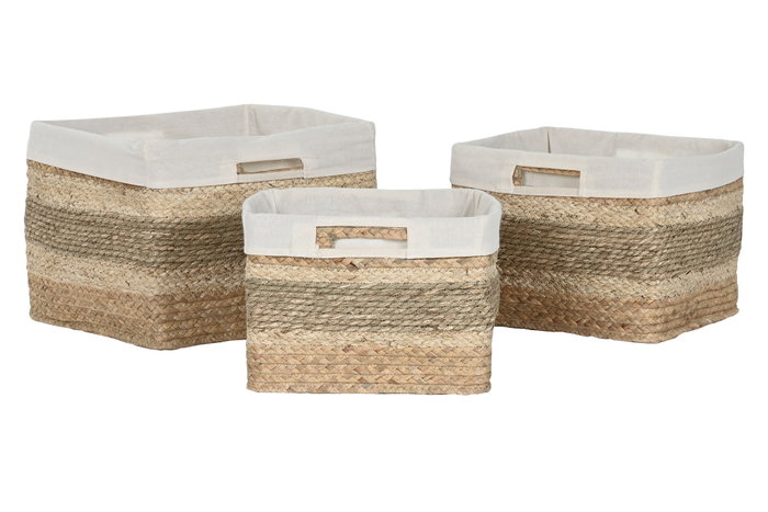 DKD Home Decor Set de 3 Cestas de Seagrass y Tela Natural 40x33x28 cm