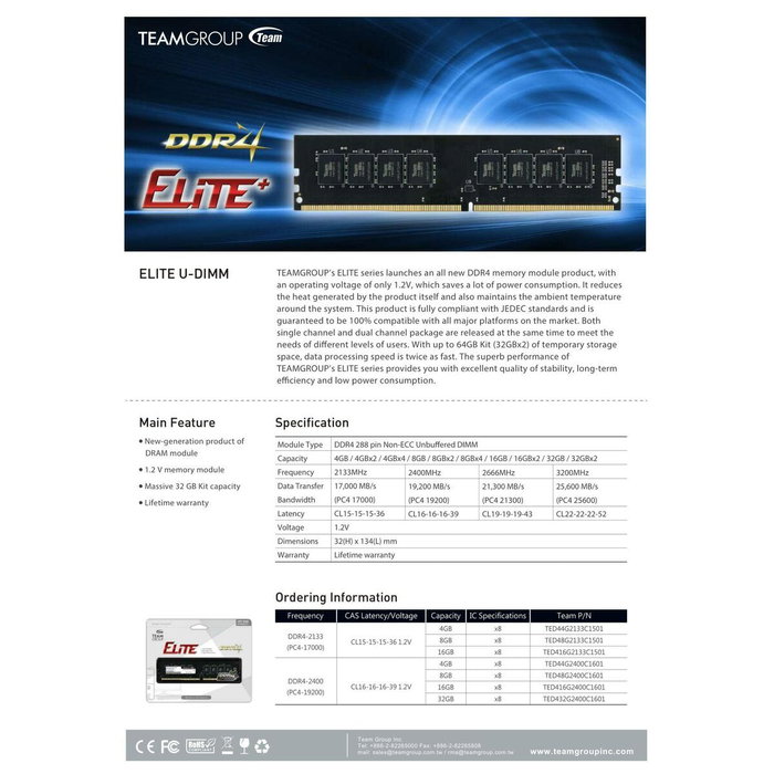 Team Group ELITE TED432G3200C2201 32 GB DDR4 3200 MHz CL22 DIMM Team Group ELITE TED432G3200C2201 32 GB DDR4 3200 MHz CL22 DIMM