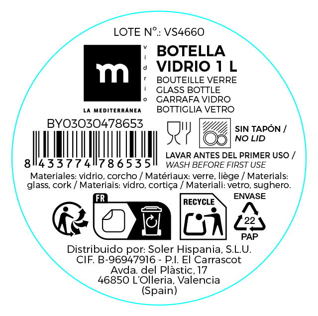 La Mediterran Botella de Vidrio Transparente con Tapa de Corcho 3 Sellos 1L 8x31.5 cm (12 Unidades)