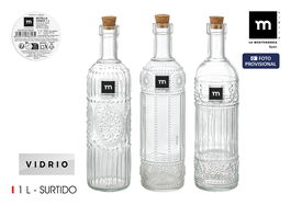 La Mediterran Botella de Vidrio Transparente con Tapa de Corcho 3 Sellos 1L 8x31.5 cm (12 Unidades)
