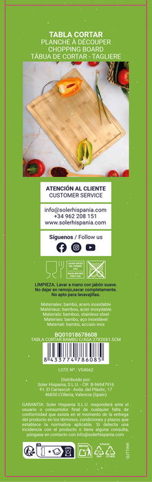 Quttin Tabla Cortar Bambú con Asa 27 x 20 x 1.5 cm (12 Unidades)