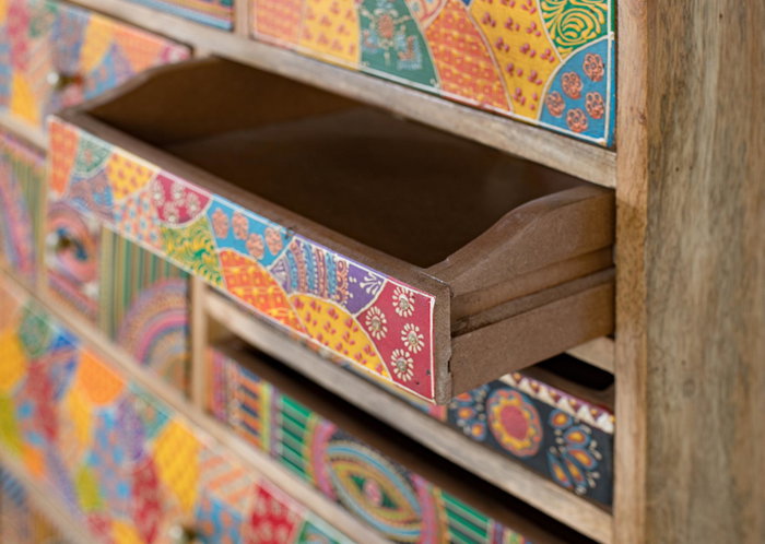 GINER Y COLOMER Aparador Alto de Madera de Mango 10 Cajones, Estilo Bohemio Artesanal Pintado a Mano, 90 cm Alto x 70 cm Largo x 30 cm Ancho