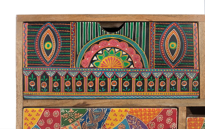 GINER Y COLOMER Aparador Alto de Madera de Mango 10 Cajones, Estilo Bohemio Artesanal Pintado a Mano, 90 cm Alto x 70 cm Largo x 30 cm Ancho