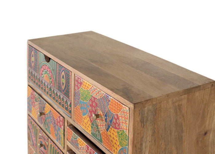 GINER Y COLOMER Aparador Alto de Madera de Mango 10 Cajones, Estilo Bohemio Artesanal Pintado a Mano, 90 cm Alto x 70 cm Largo x 30 cm Ancho
