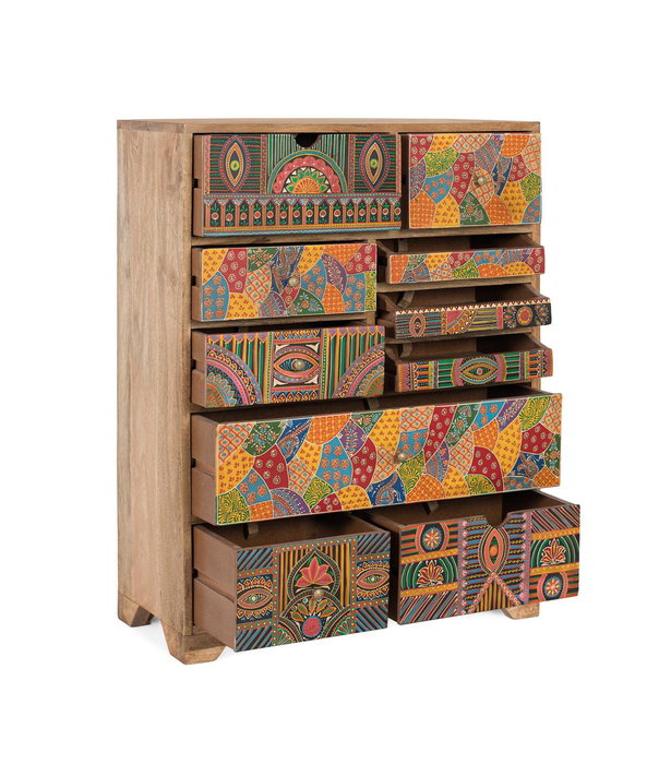GINER Y COLOMER Aparador Alto de Madera de Mango 10 Cajones, Estilo Bohemio Artesanal Pintado a Mano, 90 cm Alto x 70 cm Largo x 30 cm Ancho